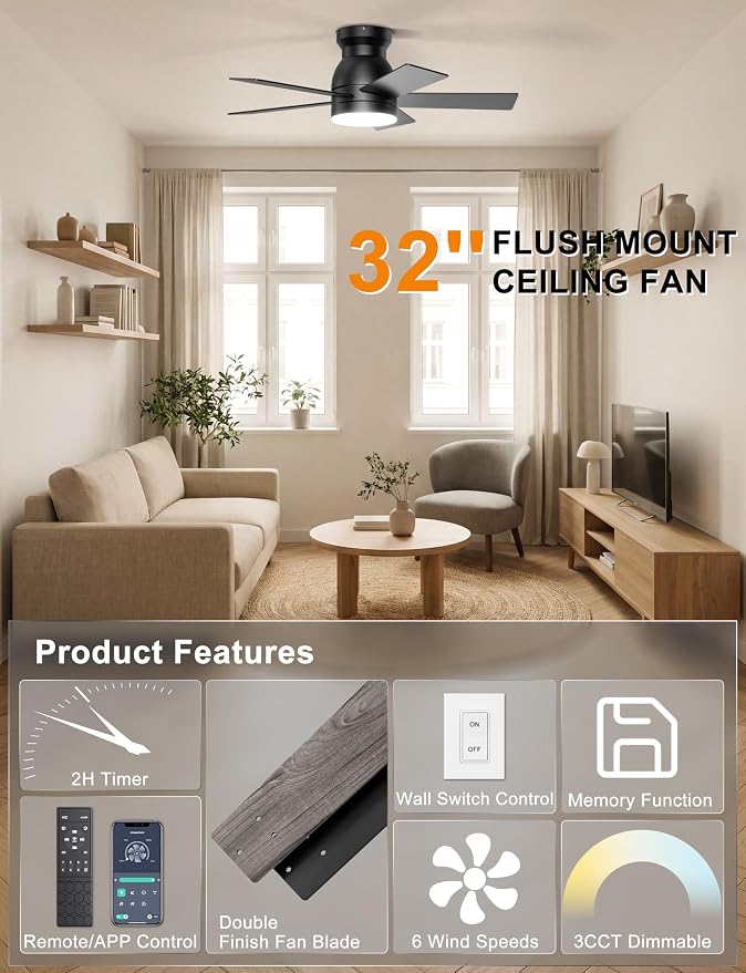Ohniyou 32'' Low Profile Ceiling Fan with Lights, Remote/APP Control, Black | Flush Mount, Dimmable 3CCT LED, Quiet DC Motor; Memory Function, Small Ceiling Fan for Indoor Bedroom Kitchen Nursery