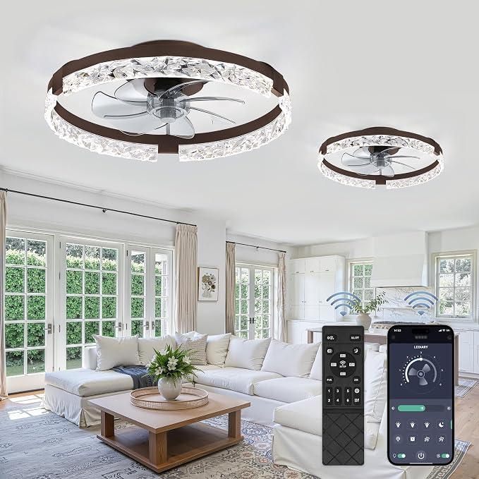 LEDIARY 2 Pack 20" Modern Ceiling Fans with Lights and Remote, Brown | Fandelier, Dimmable Low Profile, Flush Mount, Stepless Color Temperature Change, 6 Speeds, Bedroom, Living Room, Kitchen