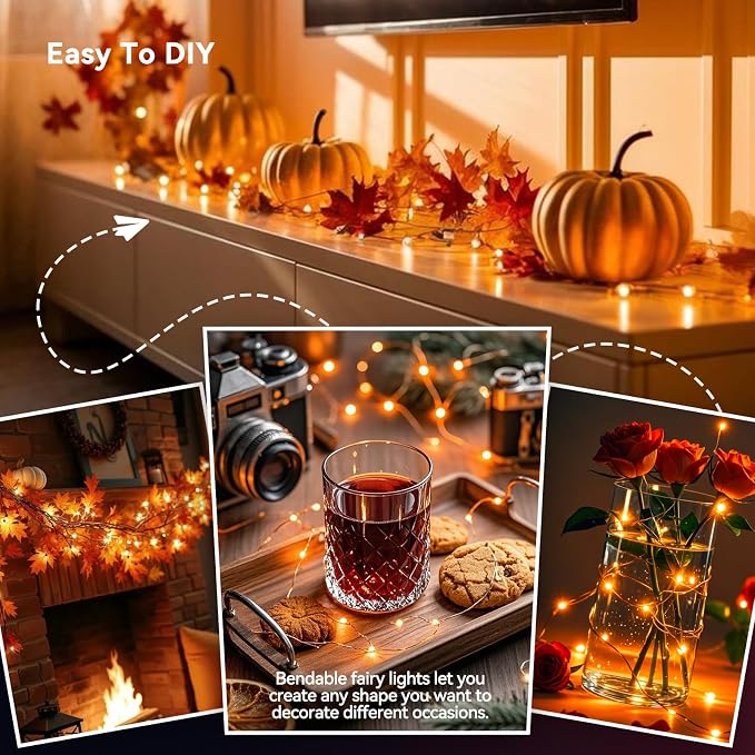 LitHome 4 Pack Orange Fairy Lights Battery Operated, Each 20 FT 60 LED | Halloween Twinkle Lights Battery Operated 2 Modes, Waterproof Fairy String Light for Party Wreath Garland Table Decor