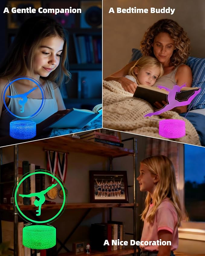 Gymnastics Gift 3D Illusion Night Light for Girl 2 Patterns | 16 Colors Changing, Dimmable Lamp, Room Bedroom Decor, Touch & Remote Control, Birthday Christmas Gift for Kid Teenager Women