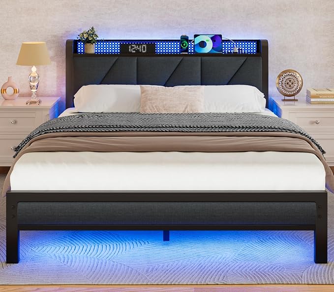 Queen Bed Frame with Storage Shelf and Upholstered Headboard | Metal Platform Bed with LED Light, Charging Station and Heavy Duty Slats, No Box Spring Needed, Noise Free & Easy Assembly