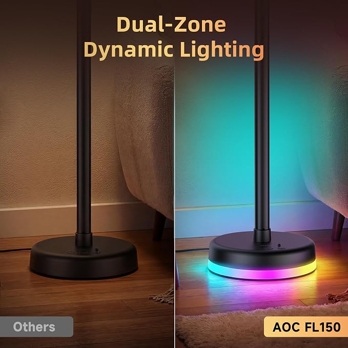 AOC LED Floor Lamp, 2Packs RGBICWW Corner Floor Lamp with Glowing Base | App & Remote Control, 160 Million Colors, 68+ Scenes Color Changing, Ambient Lighting for Bedroom Living Room Home Office