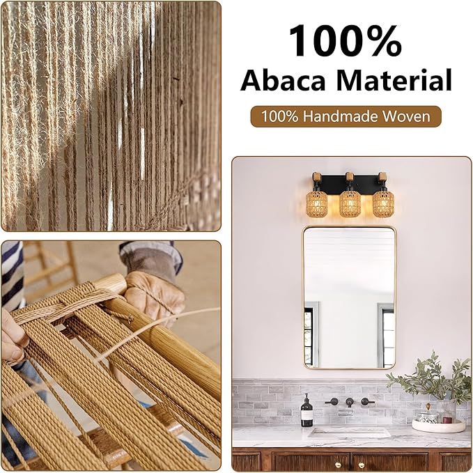LmnLvn 3-Light Bathroom Vanity Light, Boho Farmhouse Rattan Handwoven Shade | Wood & Metal Frame, Rattan Vanity Light Design, Mounted Over Mirror, Easy To Install for Restroom, Bedroom & Hallway