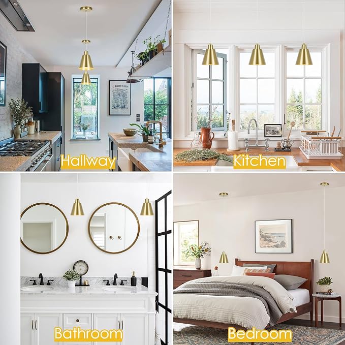 Industrial Pendant Lights, Brass Pendant Light Fixtures, Vintage Kitchen Island Lights with Metal Shade, Farmhouse Pendant Lights for Dinning Table Bedroom Bar - Brass, 3 Packs