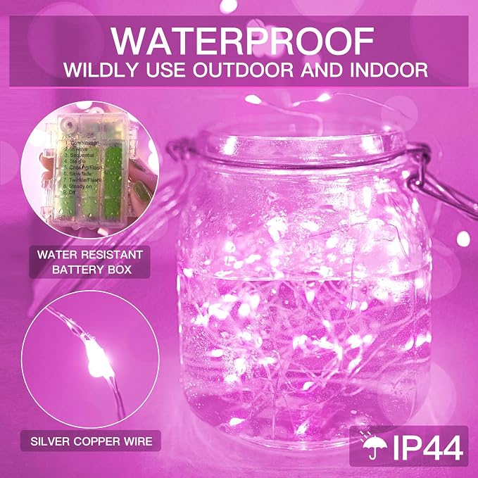 Pink Valentine Day Fairy Lights Battery Operated, 66ft 200 LED String Lights with Remote & Timer, Waterproof Twinkle Lights for Bedroom, Romantic Wedding, Party, Indoor & Outdoor Decor