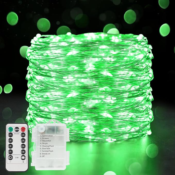 Green Christmas Lights Battery Operatd, 66ft 200LED St Patricks Day Decorations Indoor, Fairy Twinkle Light with Remote for Halloween, Bedroom, Patio, Backyard, Outdoor Decorations