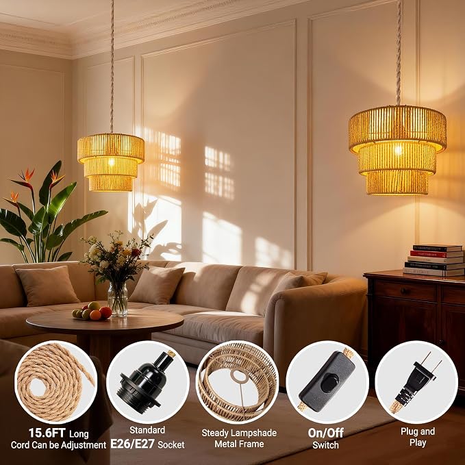 Hanging Light Ceiling Lamp Pendant Lights Rattan Hanging Lamp with Plug in Cord for Living Room Bedroom Kitchen Indoor Hanging Lamp Plug in Woven Lampshade