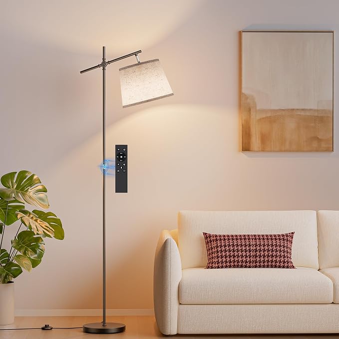 Floor Lamp with Linen Shade, Dimmable Tall Standing Lamp with Remote Control & 3 Color Temperatures Bulb, Modern Swing Arm Floor Lamps for Living Room Bedroom Office Corner