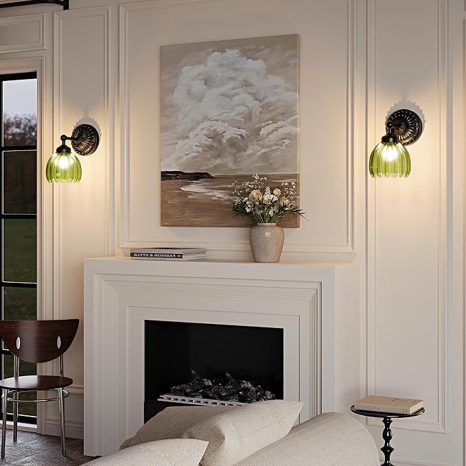 Battery Operated Wall Sconce, Vintage Wall Light, 2 Pack, Green Tulip Glass | Black Metal Base, 5200mAh Rechargeable, Dimmable LED, Remote Control, Cordless, Bedside, Bedroom, Doorway, Living Room