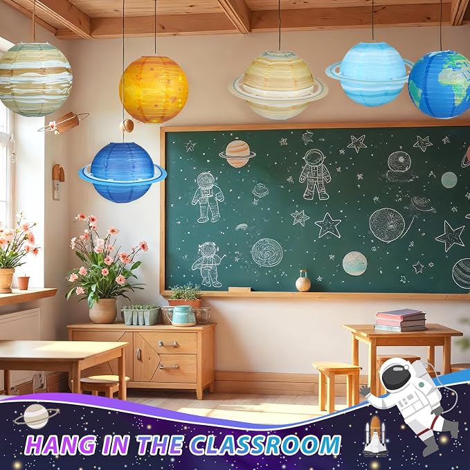 8pcs Planet Paper Lanterns, 12 Inch Outer Space Party Decorations | Solar System Hanging Planets Lantern, for Kids, Space Theme Party, Birthday Room Decorations