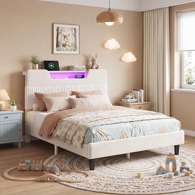 Homkdom Full Bed Frame with Charging Station & Storage Headboard,White | 1USB-C & 2USB-A Charging, RGB LED Lights,7.78" Under-bed Storage,Velvet Upholstered Headboard,No Box Spring,Easy Assembly.