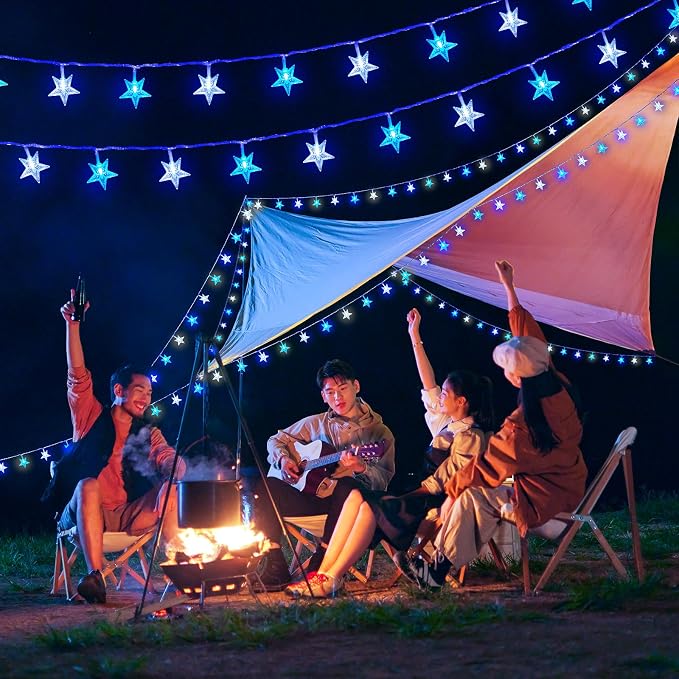 Minetom 33ft Blue and White Star String Lights Plug in | 100 LED, Remote and Timer, 8 Modes, Waterproof for Tent Loft Bed Backyard Patio Balcony Staircase Classroom Decor