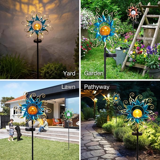 ZHQIAN Solar Lights Outdoor Garden Decor, Blue Metal Sun Crackle Glass Globe Stake Waterproof 30LED Decorations Unique Gifts for Women,Mom,Outside, Patio,Lawn,Yard,Pathway