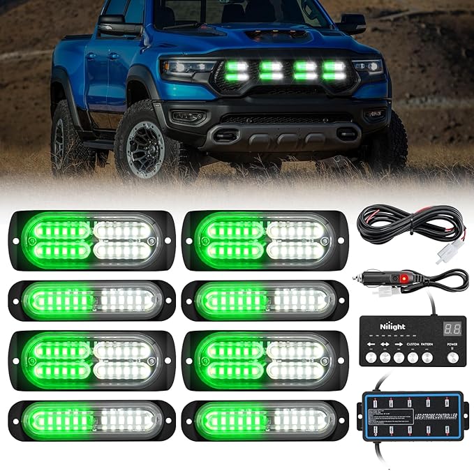 Nilight 8PCS Led Strobe Lights with Controller 12V 24V Sync Feature Green White Emergency Hazard Warning Light 12 24 LED Surface Mount for Vehicle Car Truck RV ATV