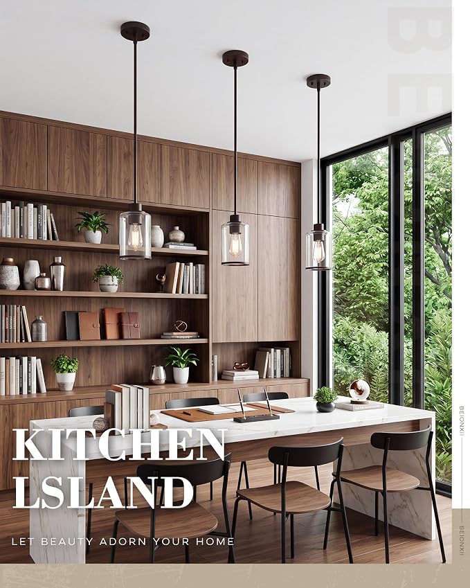 Beionxii Pendant Lights Kitchen Island, Oil Rubbed Bronze Hanging Light | Farmhouse Pendant Lighting, Hanging Pendant Light with Rods for Kitchen Island Dining Room Bedroom Entryway,BX-PL02ORB-CG+R
