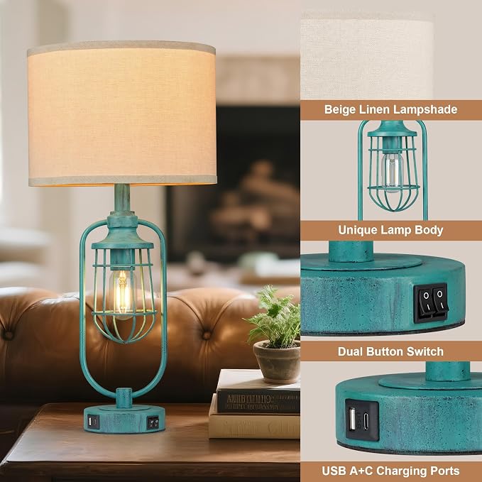 Table Lamps for Living Room End Table Set of 2, Farmhouse Lamps for Night Stands, Industrial Bedside Lamps for Bedroom with USB A+C, Bulbs Included