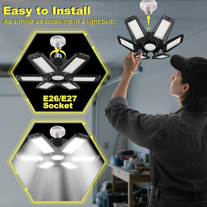ISKYDRAW LED Garage Lights 185W, 6 Pack 18500LM Bright Shop Light with 6+1 Deformable Panels, 6500K Daylight Garage Ceiling Light Screw in E26/E27 Bulb Bay Lighting for Workshop Basement Barn Attic