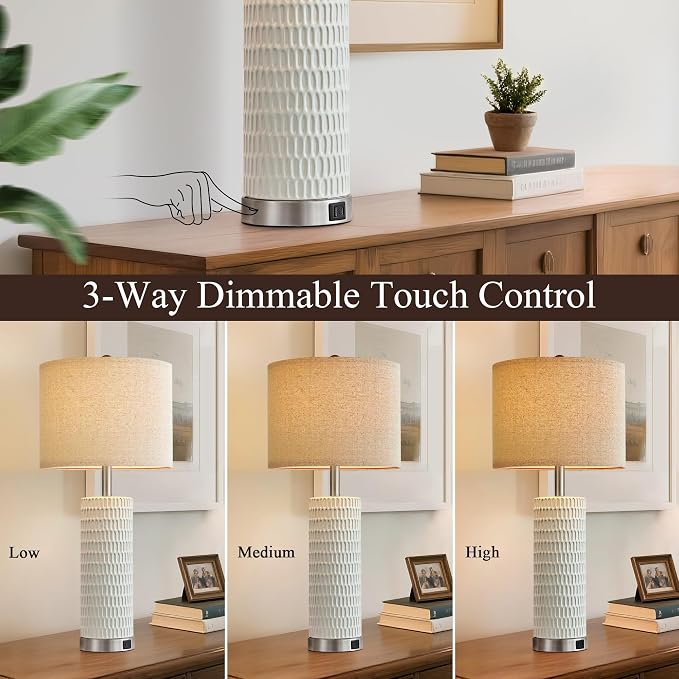 Reaketon 26.5" White Lamps for Bedroom Set of 2, Modern Table Lamps for Living Room with USB C+A Ports, Touch Lamps for Nightstand, Oatmeal Shade