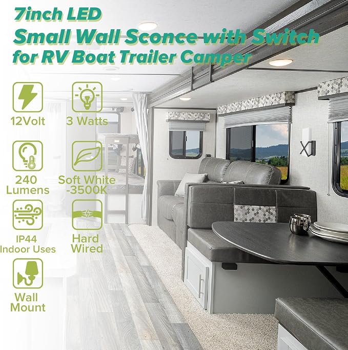 12 Volt RV Interior Wall Light LED Bedside Side Reading Light Fixture Wall Sconce with Switch for Motorhome Camper Trailer Matte Black, 3W, 3500K White Lighting, 7inch (1 Light)