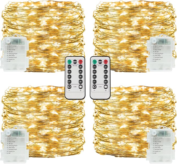 Fairy Lights Battery Operated,4Pack Total 132ft 400 LED Twinkle Lights for Bedroom, Dorm Decor