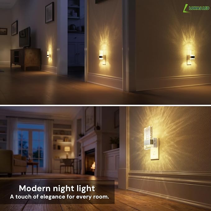 L LOHAS LED Night Light, Dimmable Night Lights Plug into Wall, 2 Pack | Acrylic Silver Nightlight with Light Sensor, 0-100LM Automatic Plug in Nightlight for Bathroom, Hallway, Stairway, Gift