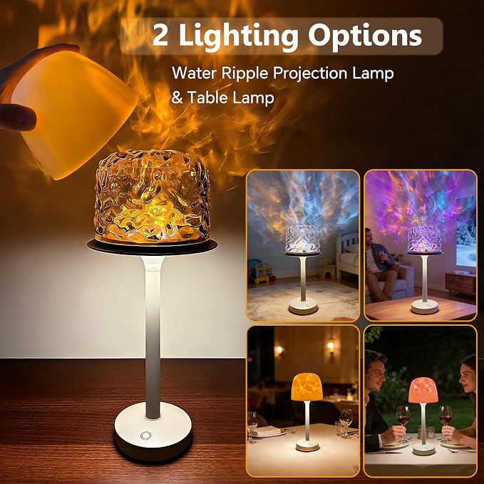 Shower Lamp Waterproof, Rechargeable Cordless Table Lamp (Khaki) | 16 color ocean wave projection with remote& touch control, Battery powered lamp for Inside Showers/ Bathtubs, Bedroom, patio