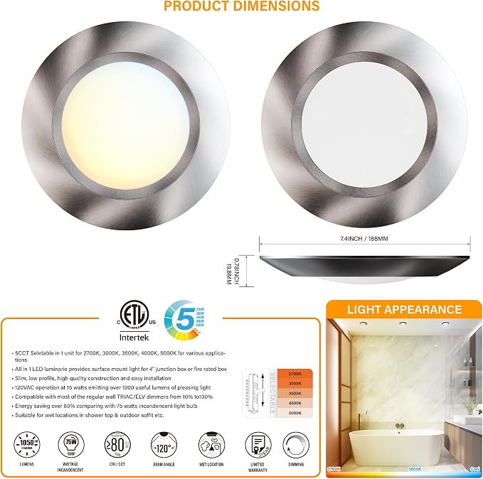 8 Packs 6 Inch LED Low Profile Screw in & Surface Mount Disk Light, Brushed Nickel, 5CCT Field Selectable, Round, 15W, 1000 Lumens, CRI80, Driverless, Dimmable, ETL & Wet Listed