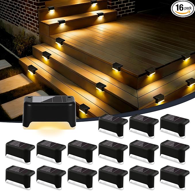 Solar Deck Lights Outdoor Waterproof, Solar Fence Lights for Outside Step, Stairs, Patio, Garden, Yard, and Pathway Decor(Warm White) 16Pack