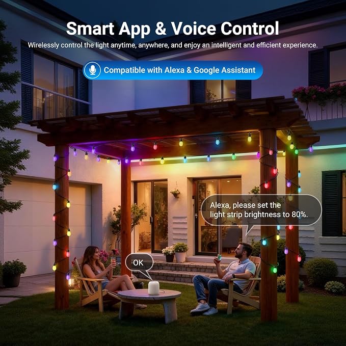 NEEWER NR01 144ft Outdoor String Lights App Control Smart AI RGB IC W Light | Patio Balcony Backyard Outside Hanging Lighting, IP65 Waterproof, 45 LED Bulbs, 50+ Scenes, Compatible with Alexa Google