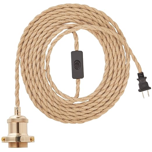 15.4ft Pendant Light Cord Kit, Industrial Vintage Plug in E26 Socket Hanging Light with Switch, Hemp Rope Hanging Light Fixture for Pendant Lamp Farmhouse Lamp Cable DIY