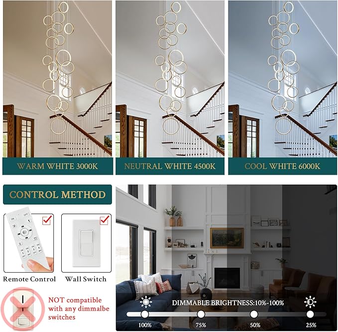 20 Rings Modern LED Chandelier for High Ceiling Dimmable Gold Contemporary Foyer Long Chandelier for Entryway, Long Pendant Light Fixture Staircase Dining Living Room, 3000-6500K