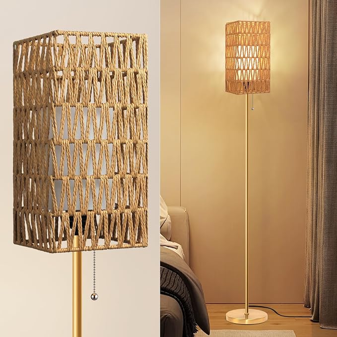 Ruiever Floor Lamp for Living Room,Farmhouse Floor lamp,Modern Standing lamp with Hand-Worked Rattan Shade (Square Rattan Shade Body Gold Color-3 Color Bulb)