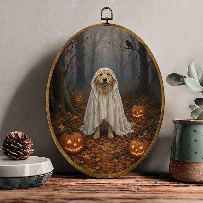 Golden Retriever Ghost Oval Wall Art, Framed Canvas Decor, 8.5x11.5 Inch | Golden retriever in ghost costume, pumpkins, misty forest and crow Halloween decor