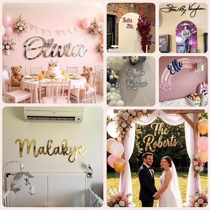 Custom Acrylic Name Sign for Nursery, Handmade 3D Laser Cut Personalized Name Mirror Sign for Wall, Home Bedroom Party Salon Birthday Gift Wedding Event