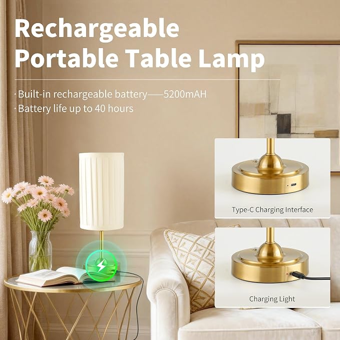Mr.White Rechargeable Cordless Table Lamp with Fabric Shade, 5200mAh Battery Operated LED Touch Table Light, for Restaurant Kitchen Patio Dinner (Bronze)