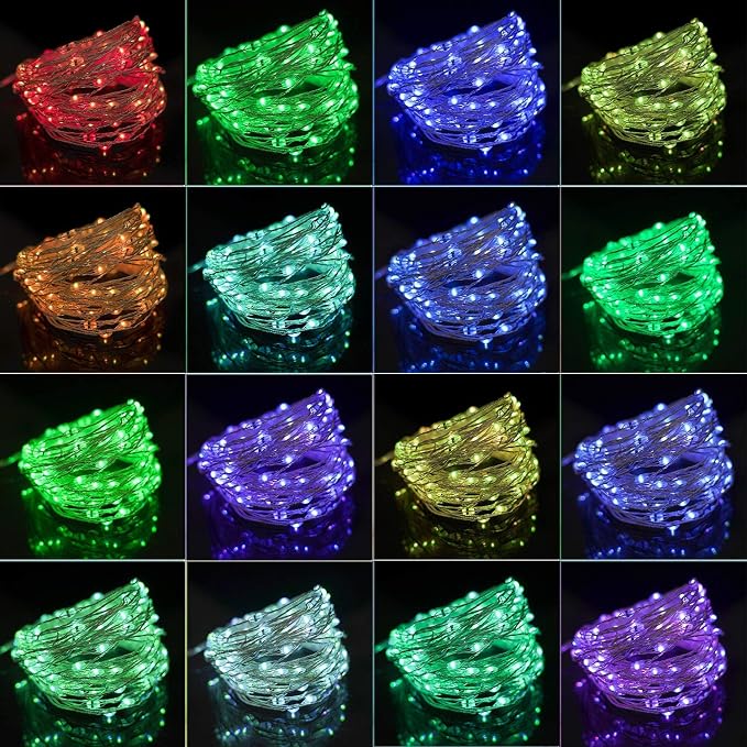 Twinkle Star Color-Changing Fairy Lights, 33Ft 100 LED, 16 Colors | Waterproof Mini String Lights, USB Silver Wire Lights with Adapter, For Bedroom Garden Party Wedding Christmas Decor