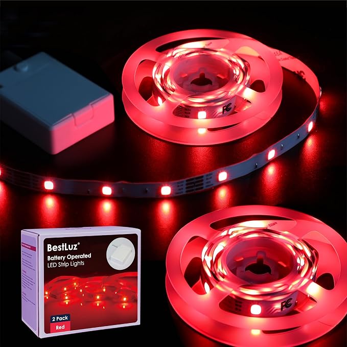 LED Strip Lights Battery Operated 3.33ft x 2 Pack Flexible LED Light Strip Battery Powered Lighting for Bedroom Room Decor Cabinet Shelf TV Backlight Red