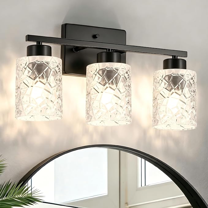 3-Light Bathroom Light Fixtures, Black Vanity Lights Over Mirror | Wall Sconces with Clear Textured Glass Shades for Living Room Bedroom Hallway,E26 Base (Bulbs Not Included)