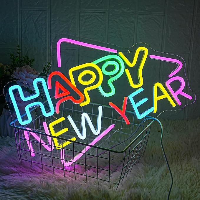 Happy New Year Neon Sign - Colorful Holiday LED Letter Wall Art, Xmas Cheers Signage, Christmas Wall Decorations