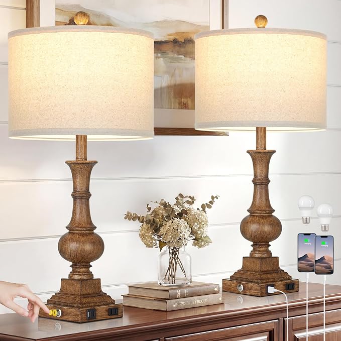 26" Tall Farmhouse Rustic Table Lamps for Living Room Set of 2, Vintage Retro Nightstand Table Lamp with USB C+A Charging Ports & AC Outlet, 3-Way Dimmable Touch Control Bedside Lamp for Bedroom Brown