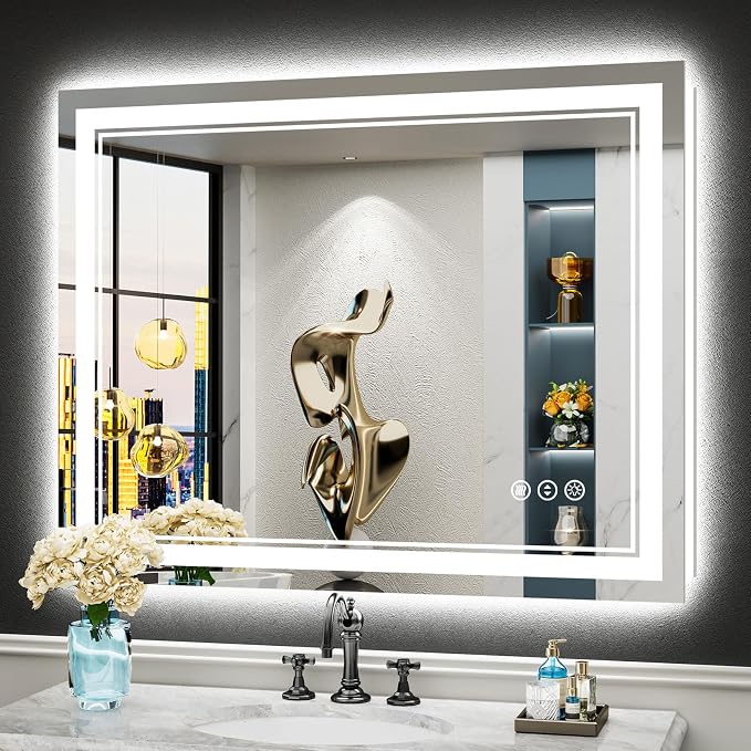 40x32 LED Bathroom Mirror, Backlit & Front Lit Lighted Mirror | Anti-Fog Vanity Mirror with Lights, 3 Color Dimmable, Memory, HD Tempered Glass, CRI95, IP54, UL Listed, Horizontal/Vertical