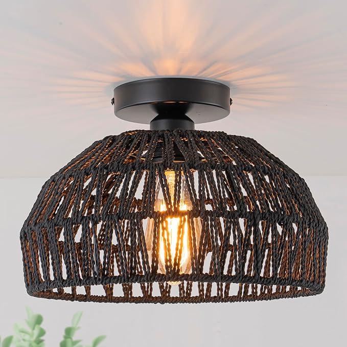 2 Packs Black Boho Light,Rattan Ceiling Lighting Fixtures Small Boho Lamp Shade Flush Mount Ceiling Light Hand Woven Chandelier for Entryway Bedroom Kitchen Nursery Lights