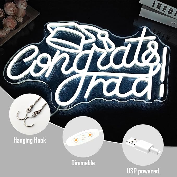 Congrats Grad Neon Sign with Graduation Cap Dimmable Congrats Led Light Up Sign for Class of 2025 Congrats Grad Sign for Backdrop Graduation Party Room Celebration Gifts