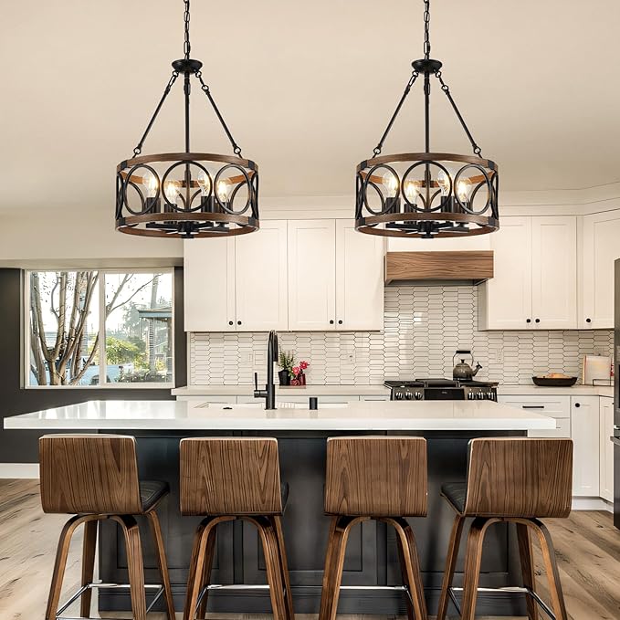 15.7'' Farmhouse Chandelier, 4-Light Walnut Wood Grain Dining Room Light Fixture Over Table, Rustic Industrial Drum Hanging Pendant Lights Fixture for Kitchen Island Bedroom Hallway Foyer Entryway