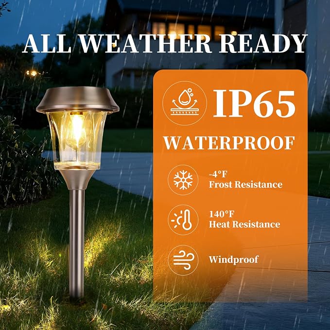 Solar Pathway Lights Outdoor, Landscape Lighting 4 Pack | Stainless Steel & Glas, 12-25 LM Dimmable, Auto On/Off, IP65 Waterproof, Outdoor Lights for Yard, Lawn, Walkway, Driveway