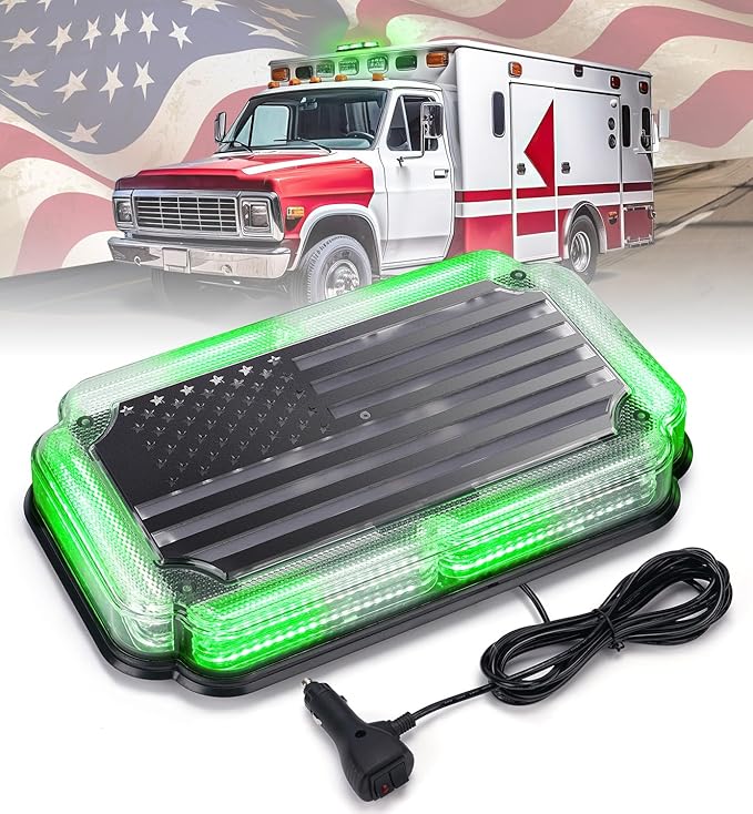 Xprite 108 LED Roof Top Strobe Light, US Flag Pattern Mail Postal Car Light Bar, Emergency Safety Warning LED Mini Strobe Lightbar w/Magnetic for Patrol Vehicles Law Enforcement Trucks, Green White