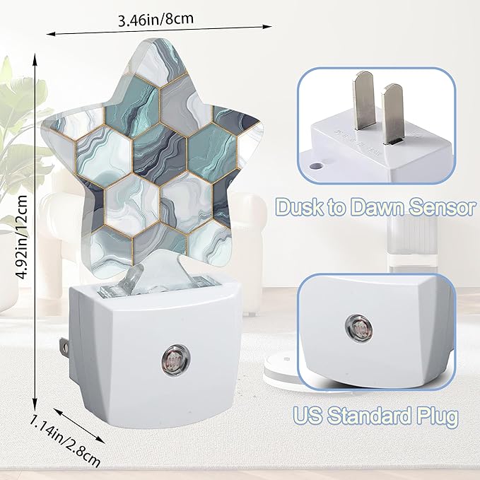 Hexagon Golden Blue Marble Night Light,Abstract Plug-in Star Night Lights with Dusk-to-Dawn Sensor for Bedroom,Bathroom,Living Room Sleep Friendly Lamp for Women Girls Boys Gift,0.5W