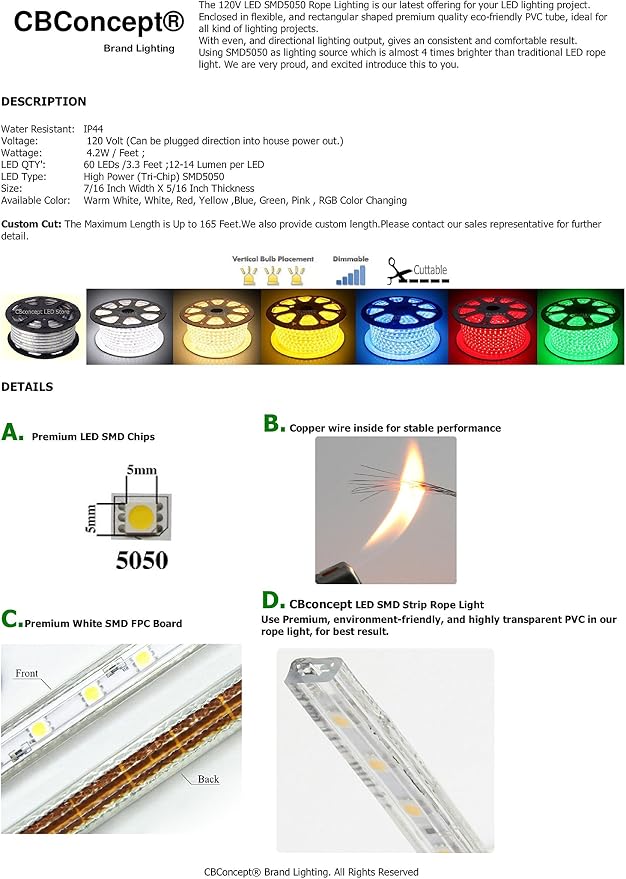 UL Listed, 13 Feet, 1400 Lumen, Green, Dimmable, 110-120V AC Flexible Flat LED Strip Rope Light, 240 Units 3528 SMD LEDs, Indoor Outdoor Use, Accessories Included, Ready to use