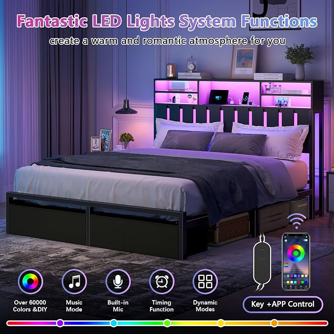 Full Size Bed Frame with Headboard and Charging Station,2 Storage Drawers | Wood Headboard with LED Lights & 2-Tier Storage Shelves, Full Platform Bed with Under Bed Storage, No Box Spring Needed