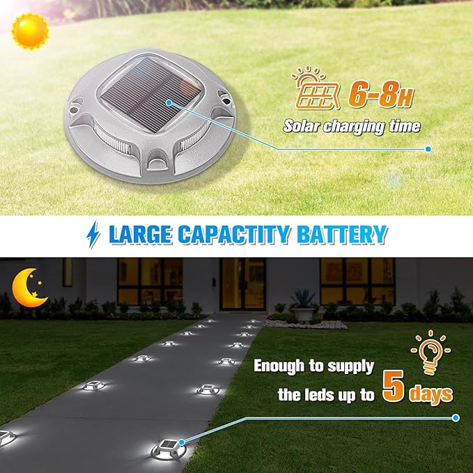 VOLISUN Solar Driveway Lights Dock Deck Lights 16 Pack,2 Colors in 1 Led IP67 Waterproof Outdoor Warning Step Lights for Driveway Sidewalk Pathway (White/Warm White)